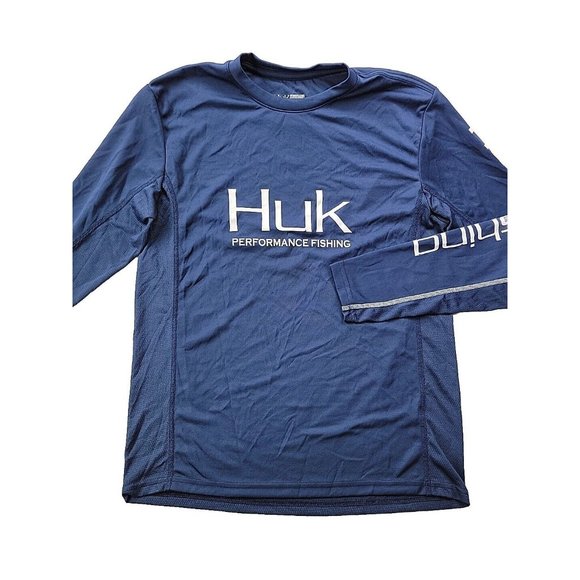 Huk Men's S Navy Performance Long Sleeve T Shirt Vented Wicking Fishing Outdoors - Picture 1 of 6